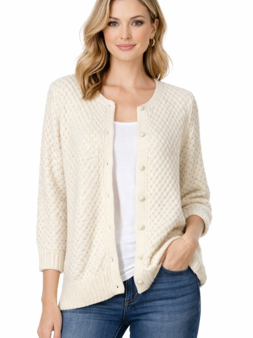 LL Bean Angora Wool Cardigan Size Large Popcorn Bobble Ivory Minimalist Neutral